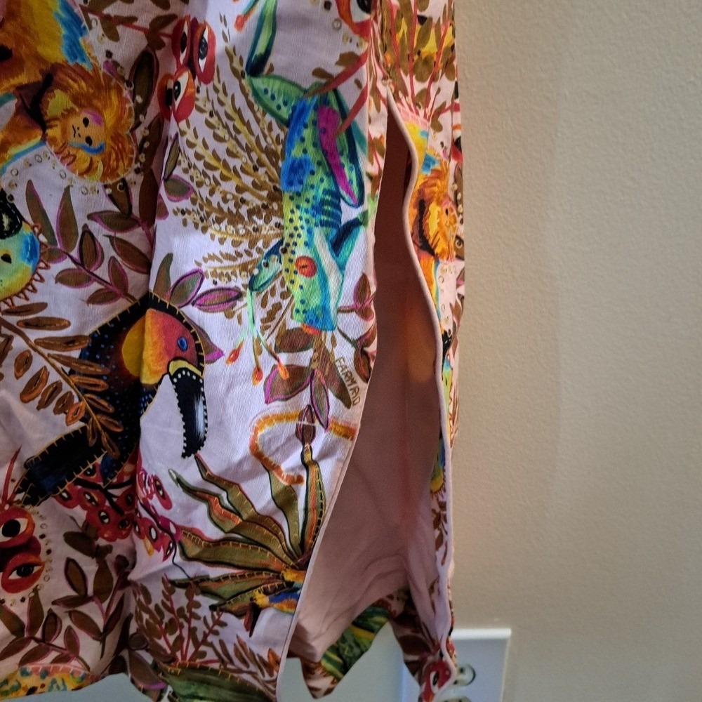 Farm Rio Maxi Dress Pink Tropical Bird Leopard Ruffle Sleeve V Neck M - Picture 11 of 14